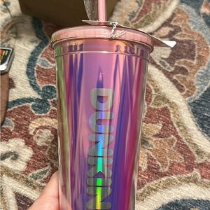 pink valentines day Dunkin’ Donuts  cup with heart shaped straw.